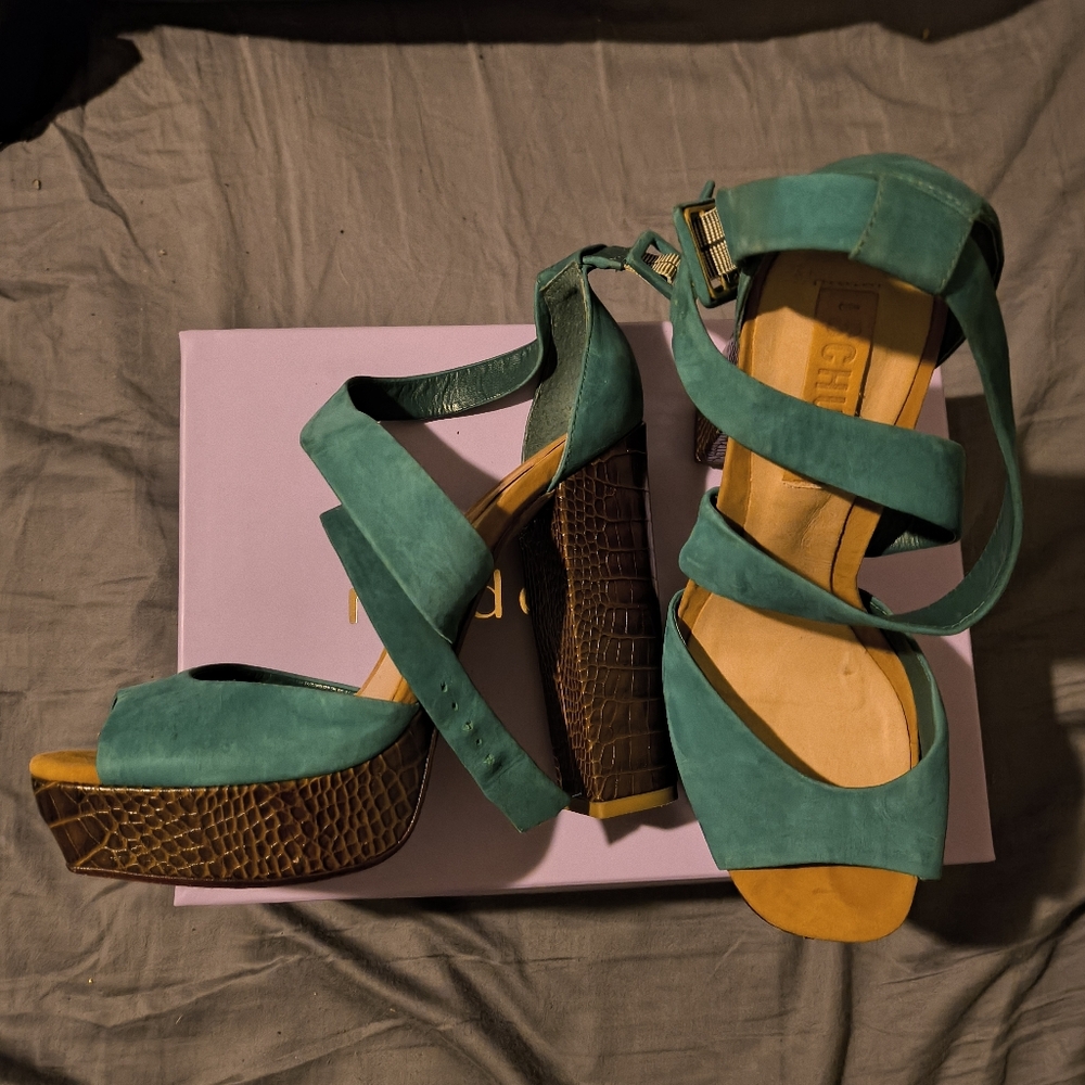 Schutz Green Strappy Platform Sandals